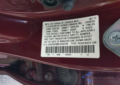 2015 Honda Civic Ex z USA, uszkodzony, nr VIN 2HGFB2F88FH554728